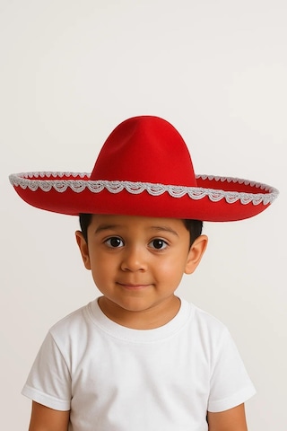 Meksika Mariachi Latin Şapkası Lüks 41cm Kırmızı Zemin Üstüne Gümüş Sim Kenarlıklı Parti Kostümü