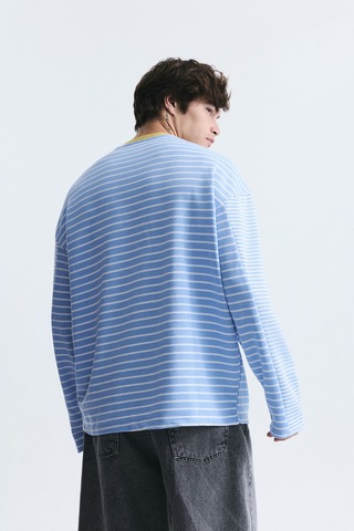 Vamos Kontrast Yaka Çizgili Sweatshirt Ekru-bebe Mavi