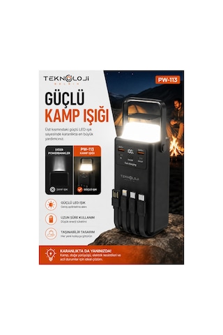50.000 Mah Powerbank 22.5w Hızlı Şarj Lcd Ekran 4 Çıkış 4 Kablo Kamp Işıklı Taşınabilir Batarya Siyah