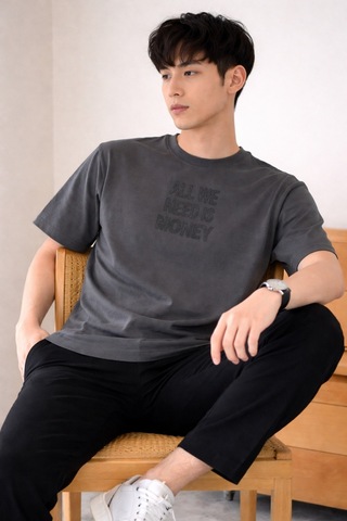 Tarz Cool Erkek Oversize Tişört Baskılı All We Need Is Money Yazılı Basic Streetwear T-shirt Gri