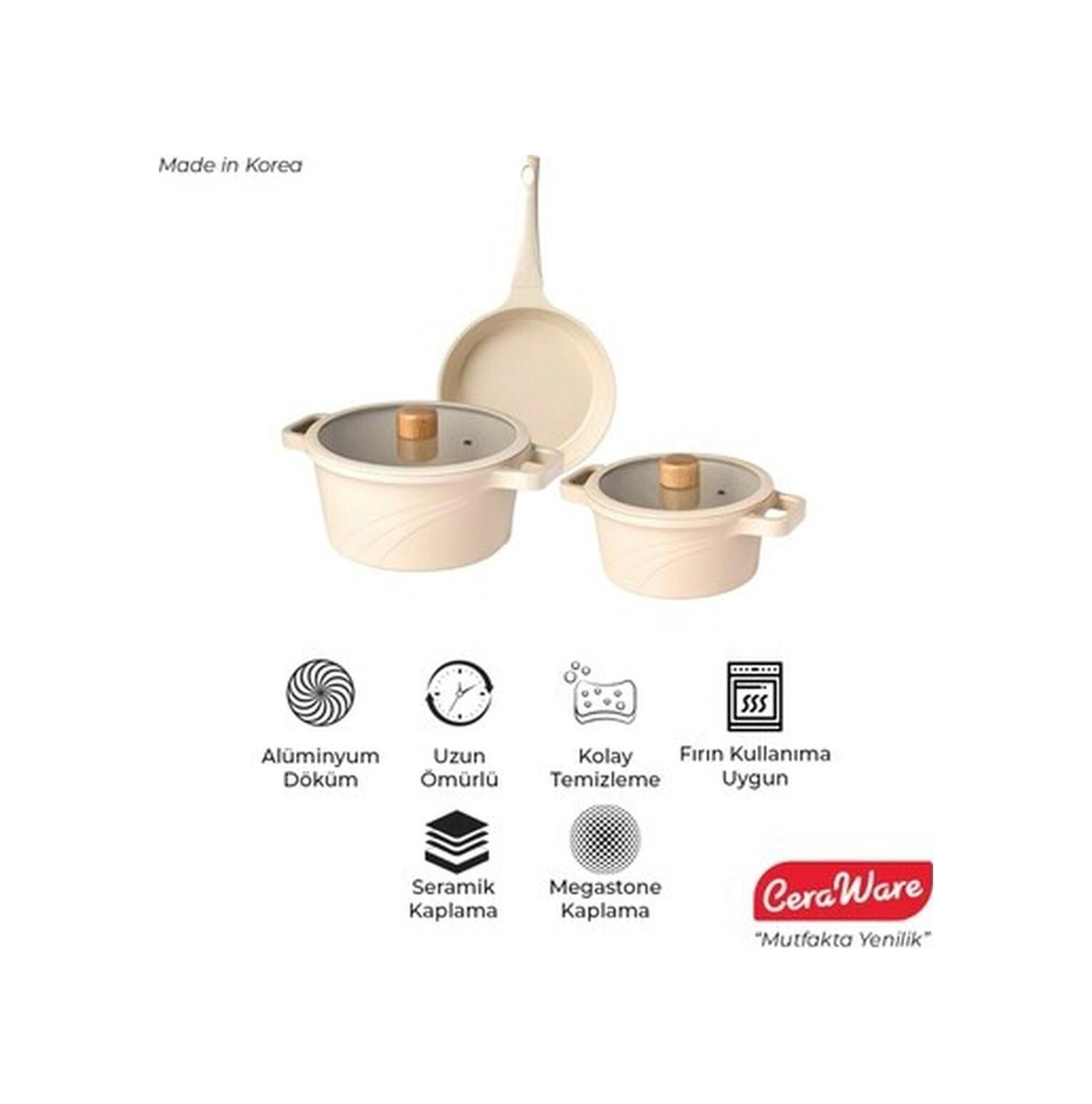 Ceraware Vetta 5 Parça Seramik Kaplama Yapışmaz 24 Cm Tava + 24 Cm Derin + 20 Cm Derin Tencere Seti Bej Bakır - Siyah
