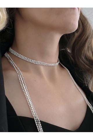 Gümüş Kaplama Üç Sıralı Su Yolu Şal Model Kolye Beyaz