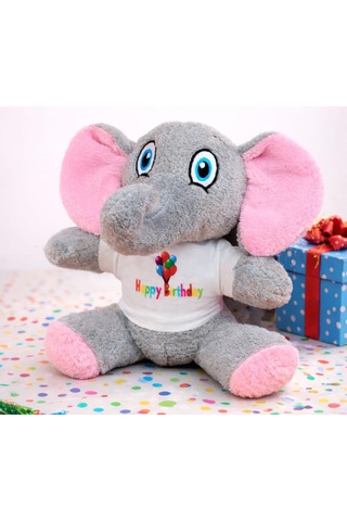 Dekoratif Obje Mutlu Gün Hediyesi Doğum Günü Sürprizi Happy Birthday Tişörtlü Sevimli Peluş Fil Çok Renkli