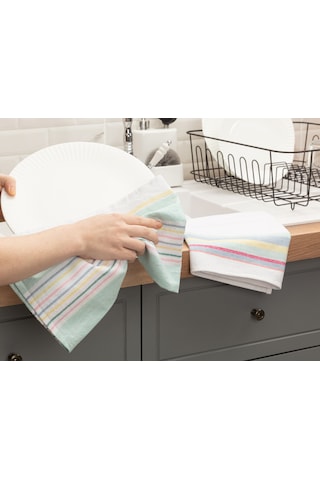 Madame Coco Jeanne 2'Li Yıkamalı Mutfak Havlu Seti - Beyaz/Mint Yeşili