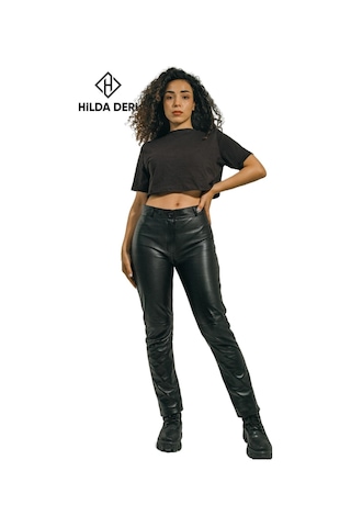 Hilda Deri Adel Siyah Hakiki Kuzu Derisi Cepsiz Pantolon 001
