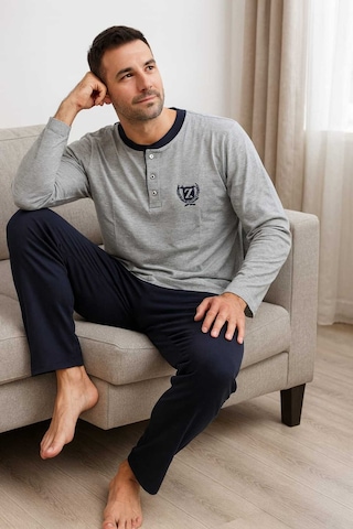 Tenra Erkek Pijama Takımı %100 Pamuk Uzun Kol Gri