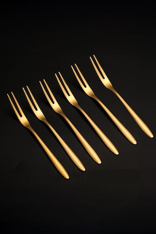 304 Çelik 6 Adet Gold 13 CM İki Dişli  Meyve Tatlı Ve Kek Çatalı Cin567sr-6