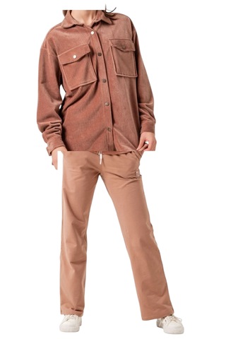 Kız Çocuk Kadife Kahverengi Renk Oduncu Gömlek Pantolonlu Oversize Kalıp İkili Takım Açık Kahverengi