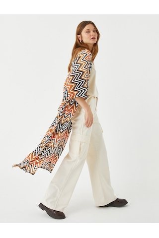 Koton Zigzag Desenli Uzun Kimono Kuşaklı Kahverengi Desenli 3wak50005ck 3wak50005ck5d2 Kahverengi