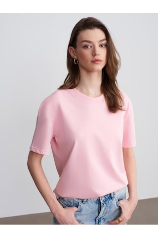 Dilvin 30312 Pamuk Dekoratif Dikişli Bisiklet Yaka T-shirt-toz Pembe 36