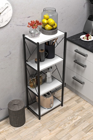 Morpanya Arnora Metal Tekli Mutfak Rafı Malzeme Dolabı 4 Raflı Mikrodalga Fırın Rafı Çok Amaçlı Beyaz