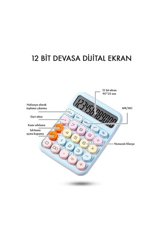 Renkli Hesap Makinesi - 12 Haneli Yuvarlak Tuşlu Mavi Renk Hesap Makinesi - 4 Fonksiyonlu Pil Hediye Diğer