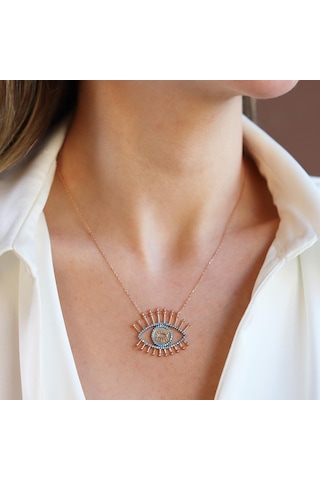 Göz Turkuaz Taşlı Rose Gold Gümüş Kolye Gümüş
