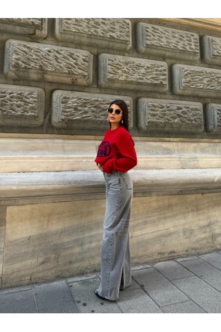 Out Of Standart Kadın Extra Wide Leg Yüksek Bel Geniş Paça Jean Pantolon Antrasit