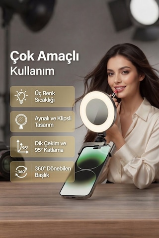 Aynalı Şarjlı Ring Light Telefon İçin Klipsli Led Selfie Işığı