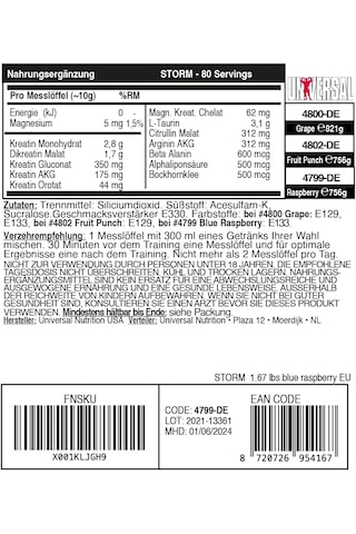 Universal Nutrition Storm Powder Creatine Matrix Creatine Muscle Building Aromasız