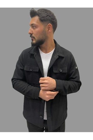 Erkek Cep Detaylı Kışlık Siyah Kaşe Gömlek Siyah