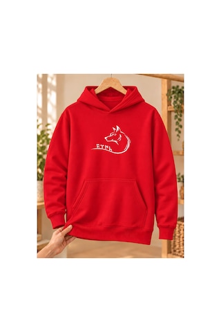 Mor Mürekkep Bozkurt Profili Ve Kavisli Göktürk Yazısı Baskılı Kapüşonlu Sweatshirt - Kırmızı