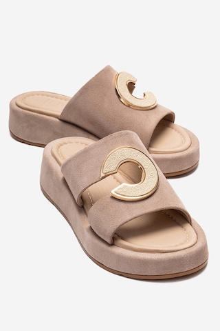 Luvishoes Blaze Bej Süet Hakiki Deri Kadın Terlik Bej
