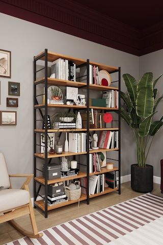 Asra Trend 6 Raflı Metal Kitaplık METALK02 %100 MDF İki Modüllü Geniş Kütüphane Petra