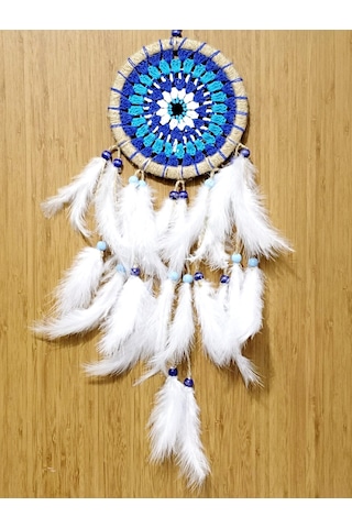 Nazar Boncuğu Desenli Dream Catcher El Yapımı Kuş Tüylü Rüya Kapanı Duvar Süsü