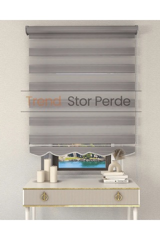 Geniş Plise Gri Etek Dilimli Zebra Stor Güneşlik Perde Kırık Gri