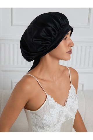 Silkwormlife %100 Saf Ipek, Uzun Bağcıklı Lüks Gece Bakim Bonesi Siyah