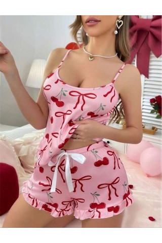 Hrşytrend Herşeytrend Pembe Üstüne Kiraz Desenli Askılı Şortlu Pijama Takımı Pembe