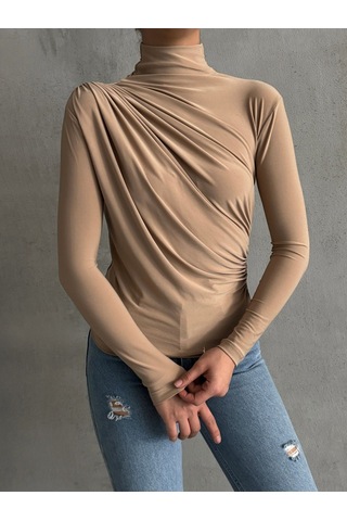 Kadın Büzgü Detaylı Dik Yaka Sandy Bluz Vizon