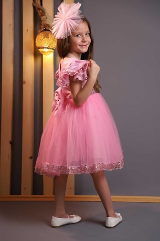 Kız Çocuk Tül Beyaz Pembe Kırmızı Tokalı Prenses Doğum Günü Bayram Abiye Mezuniyet Şık Elbise Pembe