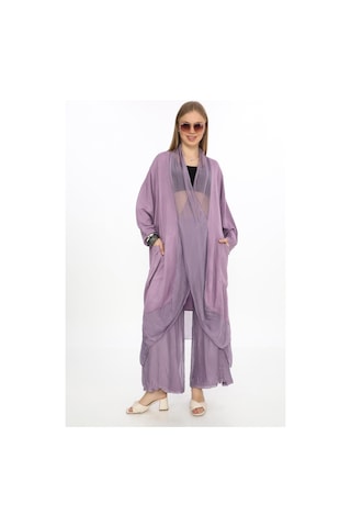 Bohem Stil İpek Detaylı Oversize Kap Bluz- Wes Pantolon Takım-8863 Leylak Lila