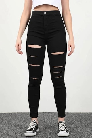 Yırtık Siyah Yüksek Bel Skinny Fit Jean Likralı Cepsiz Tayt Pantolon