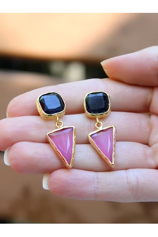 Kare Üçgen Modelli Kedigözü Cam Gold Kaplamalı Kadın Küpe Euku24sp Pembe