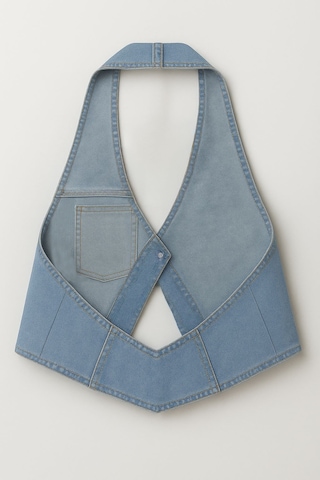 Kadın Tek Düğmeli Boyundan Askılı Jean Yelek Açık Mavi