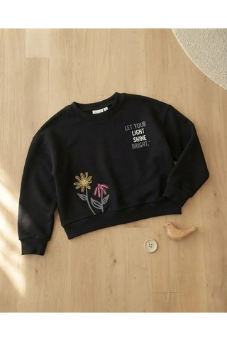 Roya Kız Çocuk Siyah Sweatshirt Çiçek Desenli Kışlık