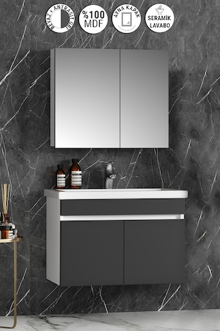 Çiğdem 80 Cm Beyaz-antrasit Gri Mdf Asma Banyo Dolabı Takımı Beyaz - Antrasit