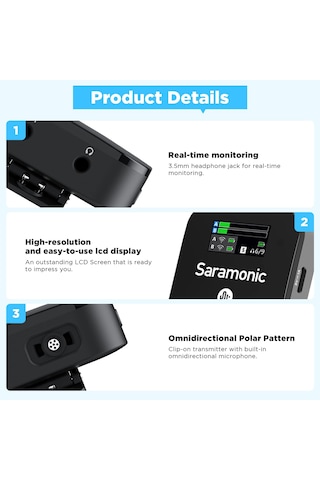 Saramonic Blink900 B1 Kablosuz Yaka Mikrofonu, Dslr Video Kamera/Apple Uyumlu iPhone/android/dizüstü Bilgisayar İçin Oled Ekranlı 2.4ghz Kablosuz Yaka Mikrofonu
