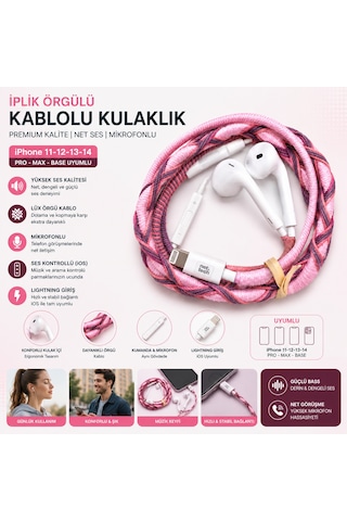 Renkli Örgülü Kulaklık Apple iPhone Uyumlu Pembe Bordo Çok Renkli Kablolu İp Örgülü Kulaklık İplikli Apple iPhone Uyumlu 11-12-13-14-pro Ve Max -base Uyumlu Çok Renkli Mikrofonlu,ses Kontrollü Apple İos Uyumlu 2025 Pro Kulaklık