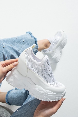 Dabab Shoes Olıvıa Beyaz Taş Detaylı 10 Cm Gizli Topuk Platform Slip-on Sneaker Ayakkabı