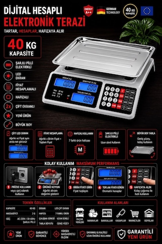 Yeni Nesil 40 Kg Elektronik Terazi 2 Gram Hassasiyetli Şarjlı