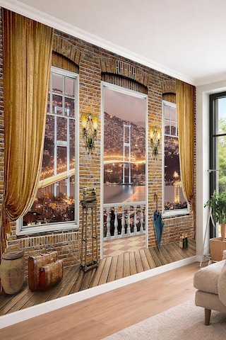 Tuğla Duvarlı İstanbul Boğazı Manzaralı 3d Teras Tekstil Duvar Kağıdı, 100 X 100 Diğer