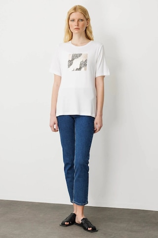 Desen Triko Kadın Sıfır Yaka Önü Taş Baskılı Penye T-shirt 25834 Ekru Ekru