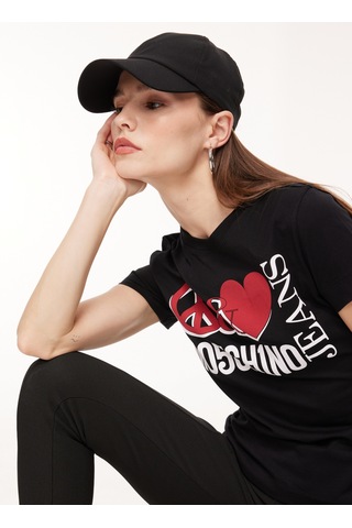 Moschino Jeans Siyah Kadın Bisiklet Yaka Baskılı T-shirt J0713