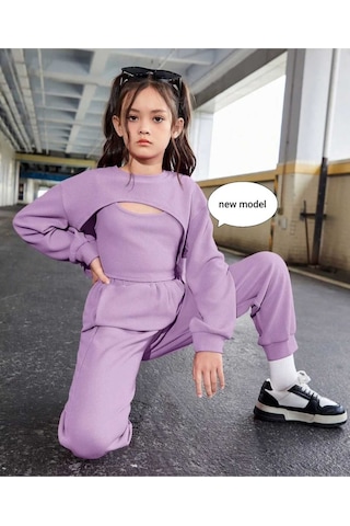 Aden Kids Kız Çocuk Krop Model Alt Üst Takım Toplam 3 Parça Mor
