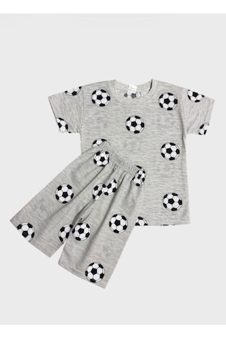 Aliş Kids Erkek Çocuk Pamuklu Gri Futbol Topu Desenli Kısa Kollu Şortlu Yazlık Pijama Takımı