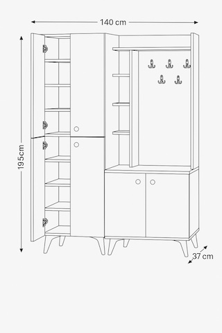 İnci Portmanto Takımı Beyaz Raflı Askılıklı Çok Bölmeli Kapaklı Ayakkabılık 140x37x195 Cm