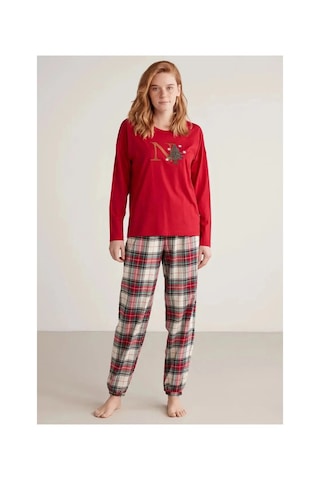 Moda Dua Nautıca W606 Kadın Uzun Kollu Ekoseli Pijama Takımı Kırmızı