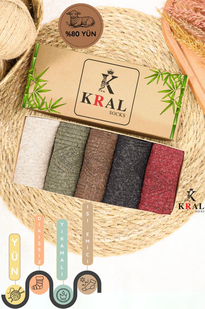 Miss Lana Ladies Socks Kışlık 5 Çift Lambswool Kadınlar Için Termal Kutulu Dikişsiz Yün Çorap ASORTİ