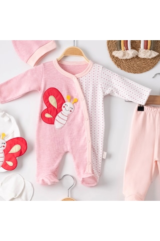 Candar 3 Ay Kelebek Nakışlı Puanlı Tulumlu Kız Bebek 5'li Set Pembe