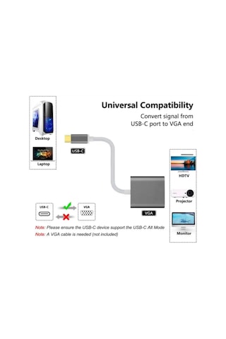 Type-c 3.1 - Vga Adaptör Dönüştürücü 1080p Monitör, Tv, Projeksiyon Uyumlu